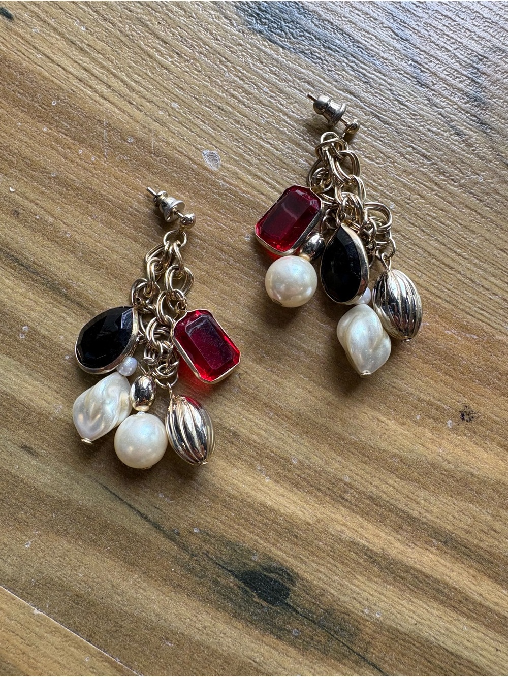 Vintage Gold-Tone Pearl & Gem Dangle Earrings